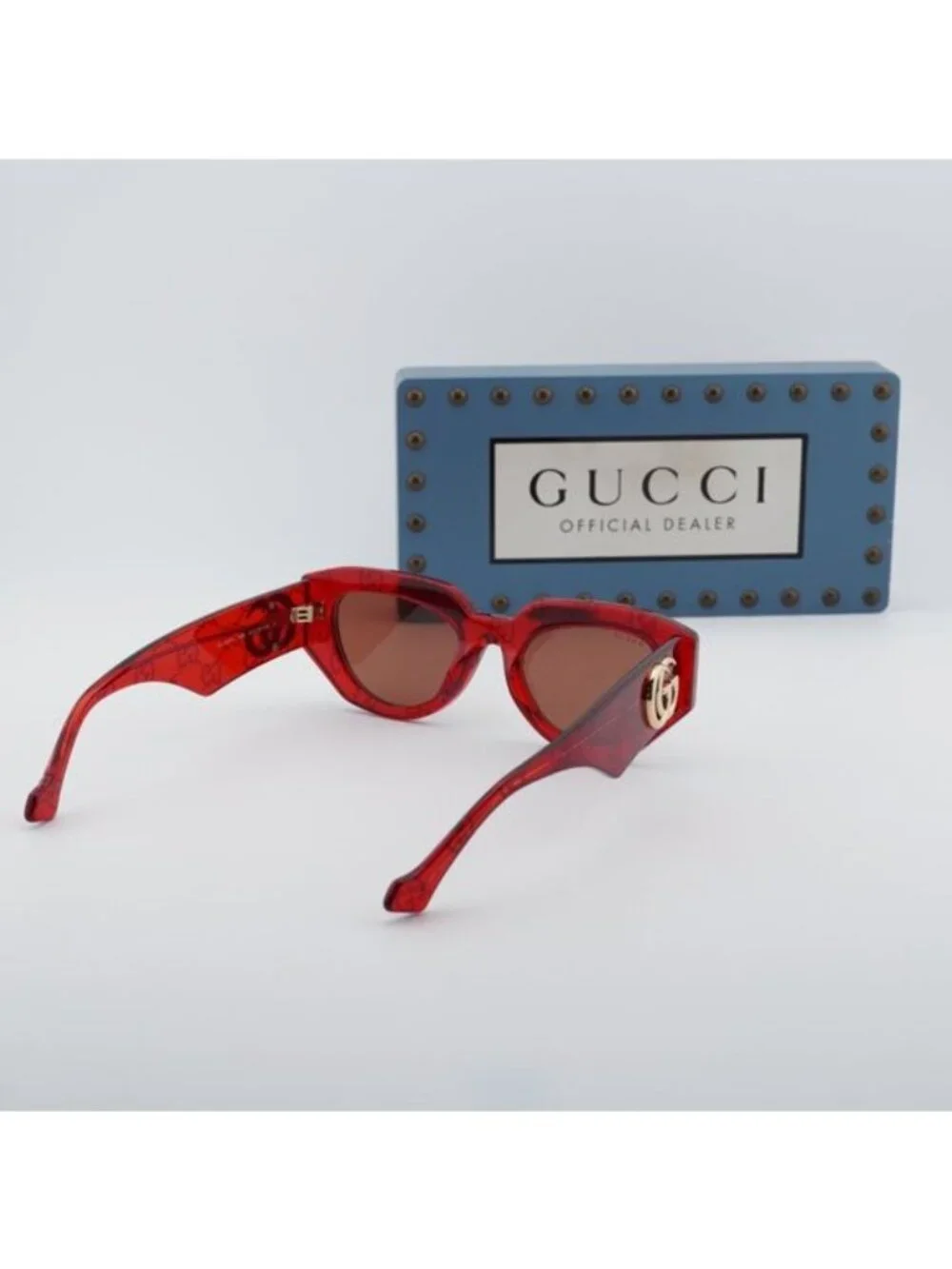 Gucci GG1421S 006 Geometric Sunglasses - Transparent Red with GG Pattern/Brown